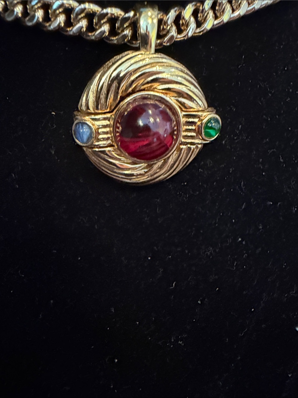 Gold-Tone Pendant Enhancer with Red Center and Blue & Green Accents.